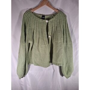 Dizzy Lizzy Green Chunky Knit Cardigan Sweater Balloon Sleeve Cropped Size L
